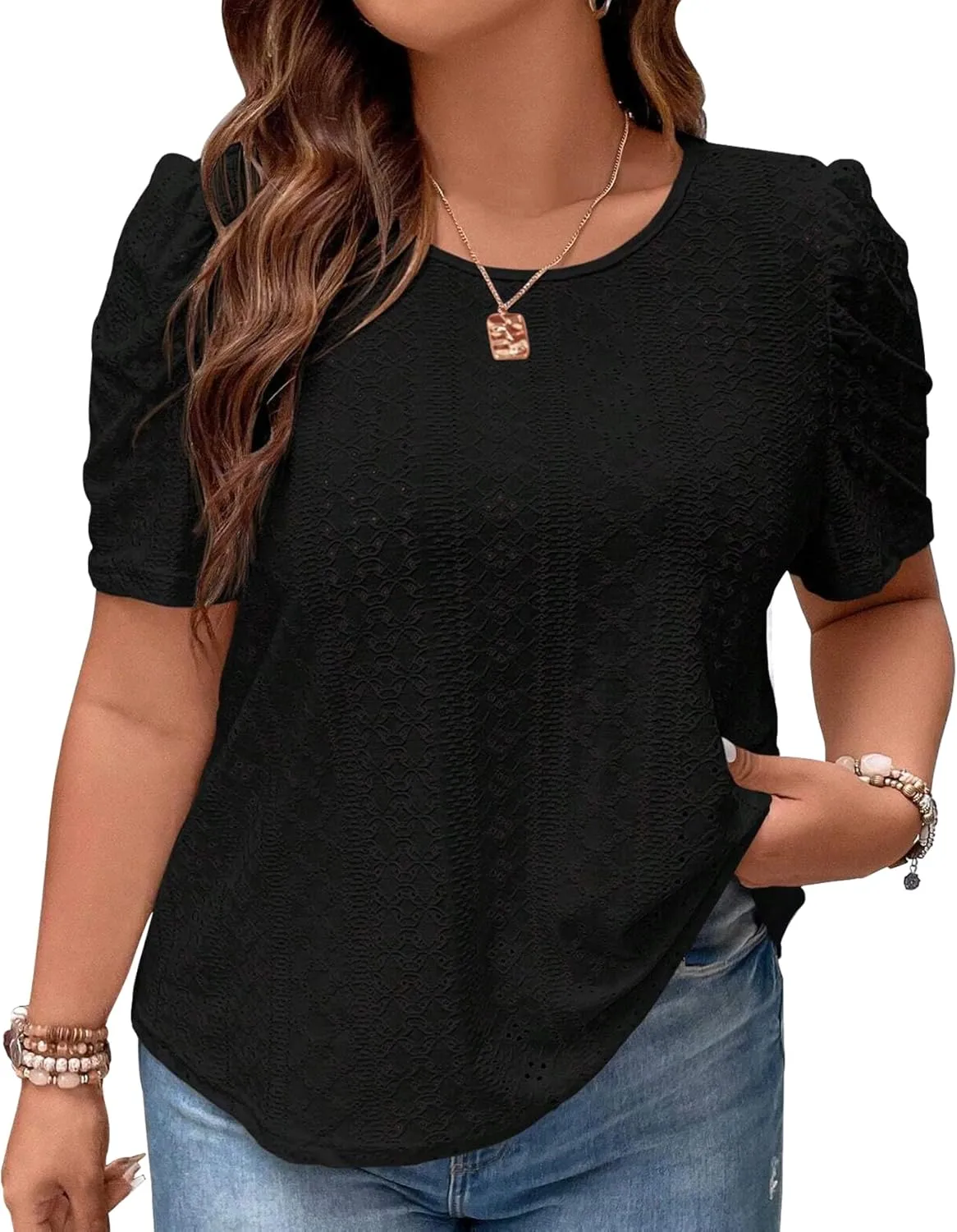 2025 Womens Plus Size Tops Eyelet Embroidery Puff Sleeve Tee Crew Neck Shirts Casual Soft Blouse Loose Fit Tees