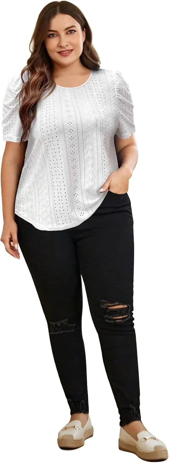 2025 Womens Plus Size Tops Eyelet Embroidery Puff Sleeve Tee Crew Neck Shirts Casual Soft Blouse Loose Fit Tees