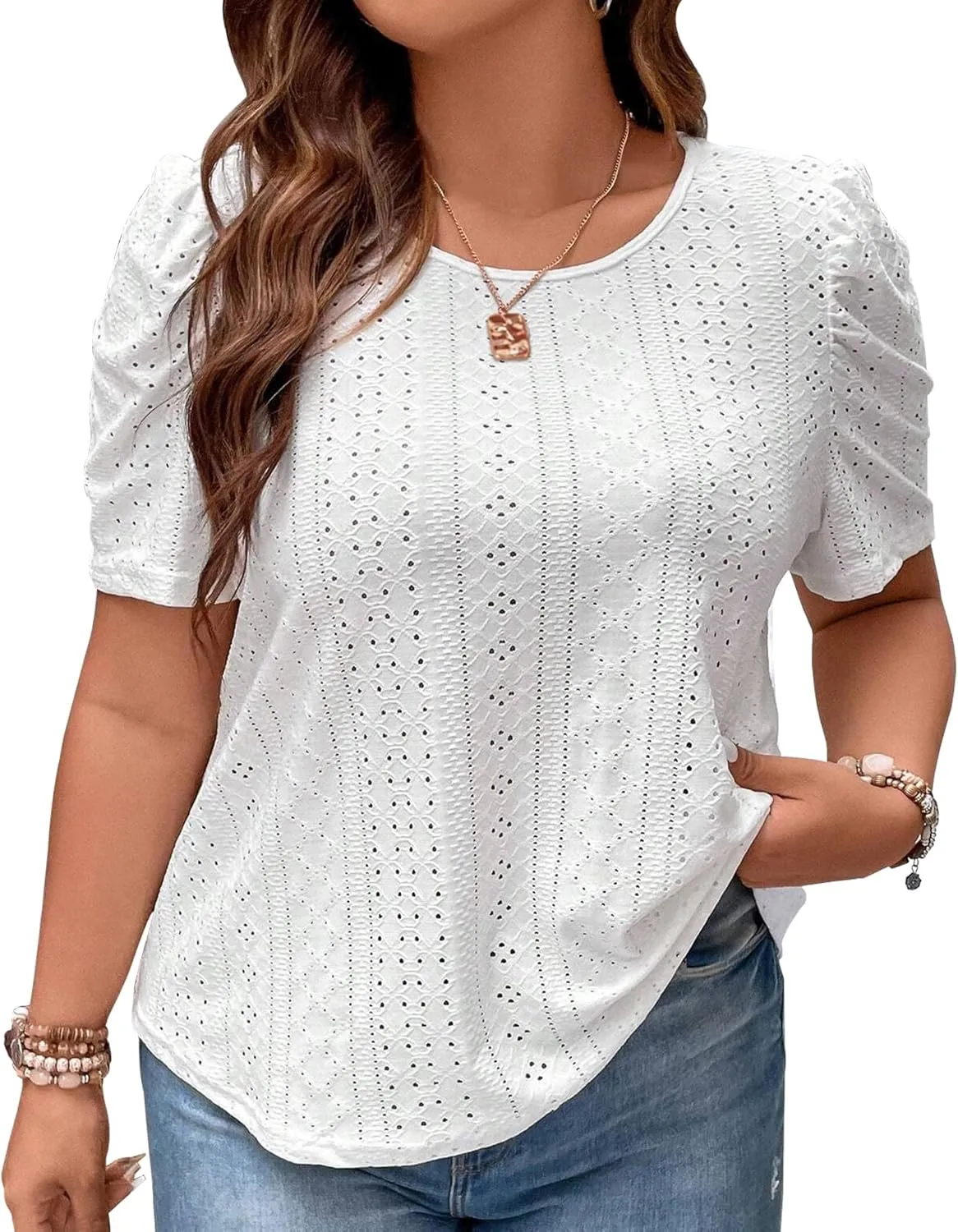 2025 Womens Plus Size Tops Eyelet Embroidery Puff Sleeve Tee Crew Neck Shirts Casual Soft Blouse Loose Fit Tees