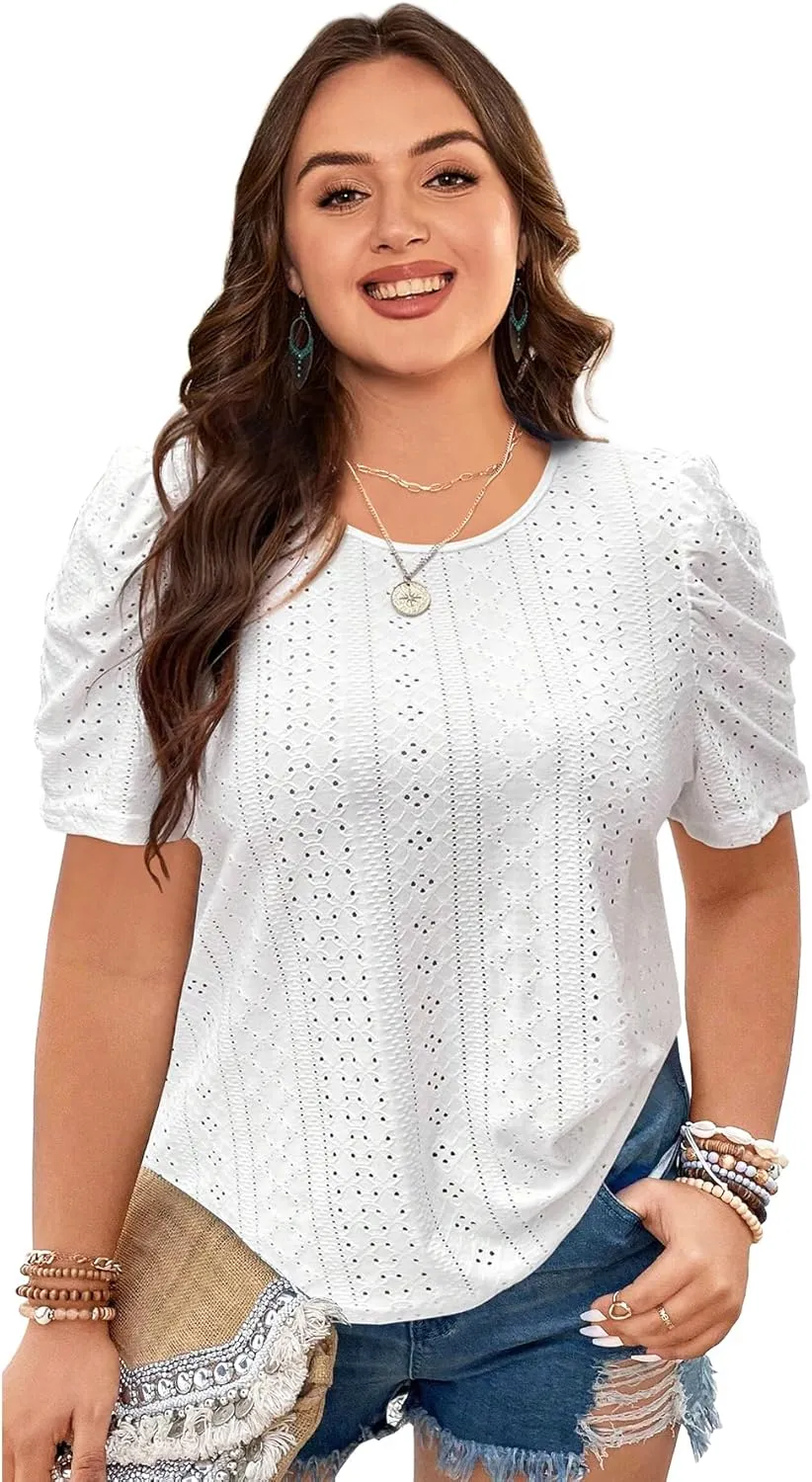 2025 Womens Plus Size Tops Eyelet Embroidery Puff Sleeve Tee Crew Neck Shirts Casual Soft Blouse Loose Fit Tees