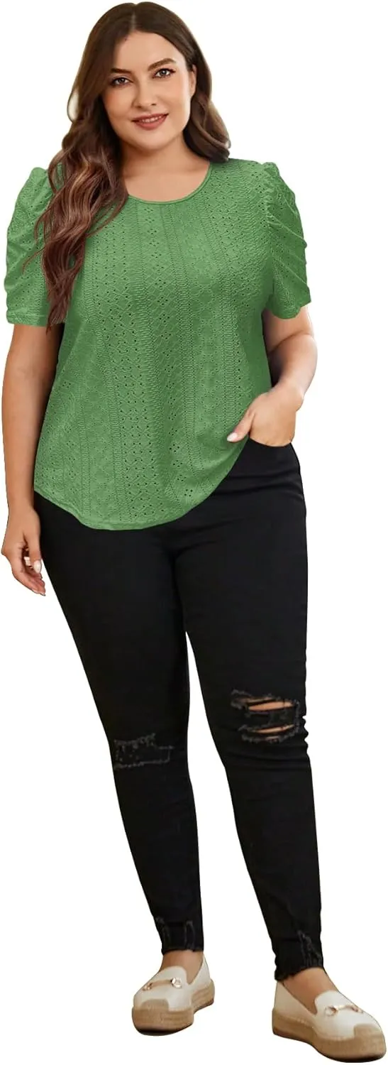 2025 Womens Plus Size Tops Eyelet Embroidery Puff Sleeve Tee Crew Neck Shirts Casual Soft Blouse Loose Fit Tees