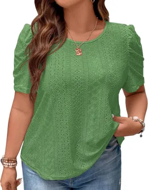 2025 Womens Plus Size Tops Eyelet Embroidery Puff Sleeve Tee Crew Neck Shirts Casual Soft Blouse Loose Fit Tees