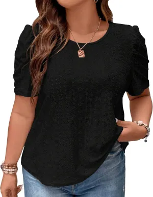 2025 Womens Plus Size Tops Eyelet Embroidery Puff Sleeve Tee Crew Neck Shirts Casual Soft Blouse Loose Fit Tees