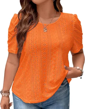 2025 Womens Plus Size Tops Eyelet Embroidery Puff Sleeve Tee Crew Neck Shirts Casual Soft Blouse Loose Fit Tees