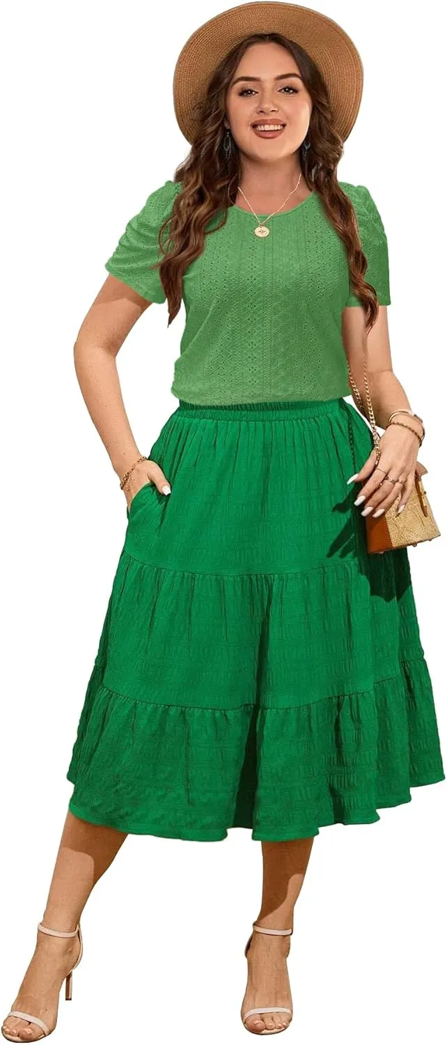 2025 Womens Plus Size Tops Eyelet Embroidery Puff Sleeve Tee Crew Neck Shirts Casual Soft Blouse Loose Fit Tees