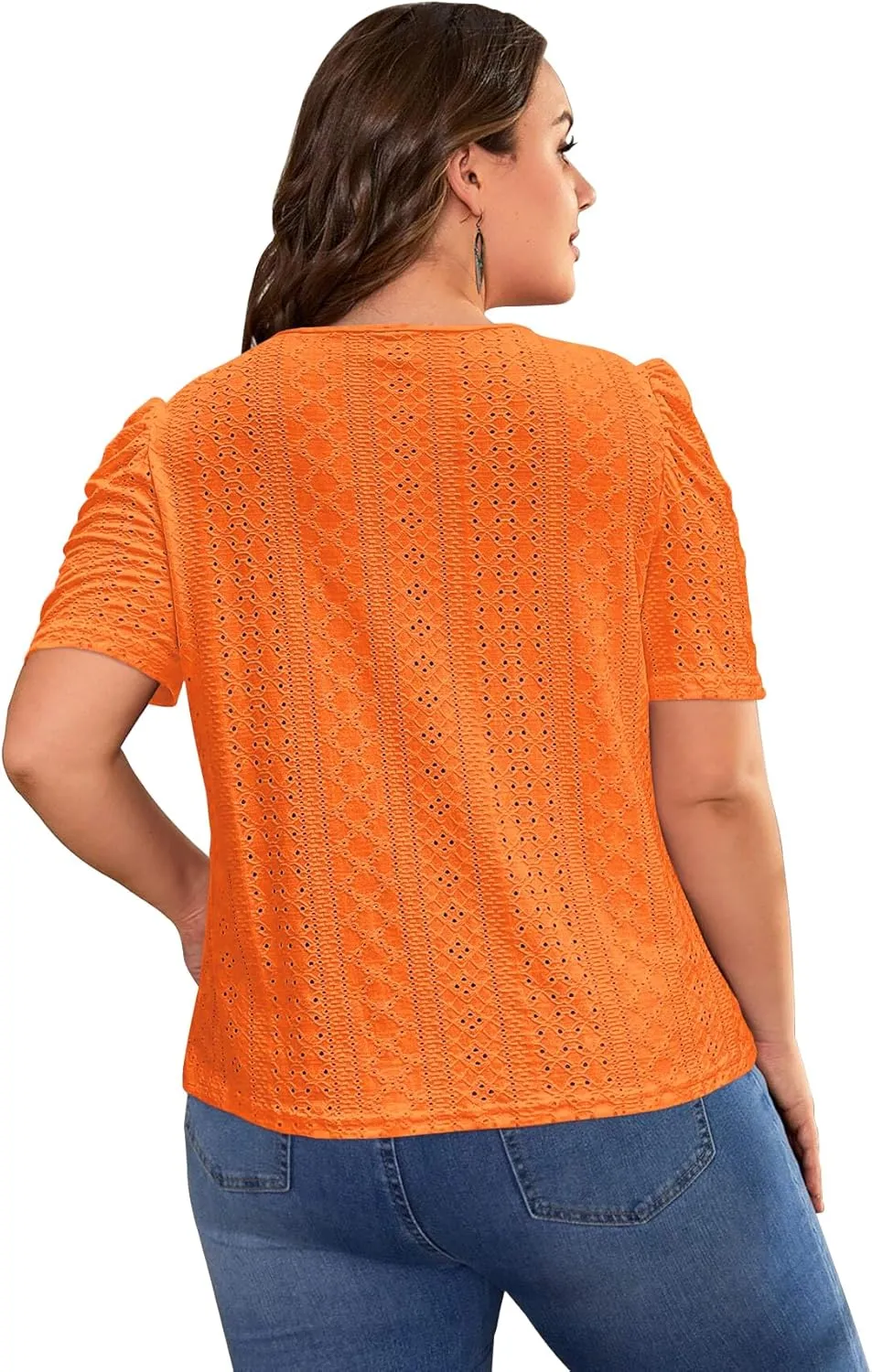 2025 Womens Plus Size Tops Eyelet Embroidery Puff Sleeve Tee Crew Neck Shirts Casual Soft Blouse Loose Fit Tees
