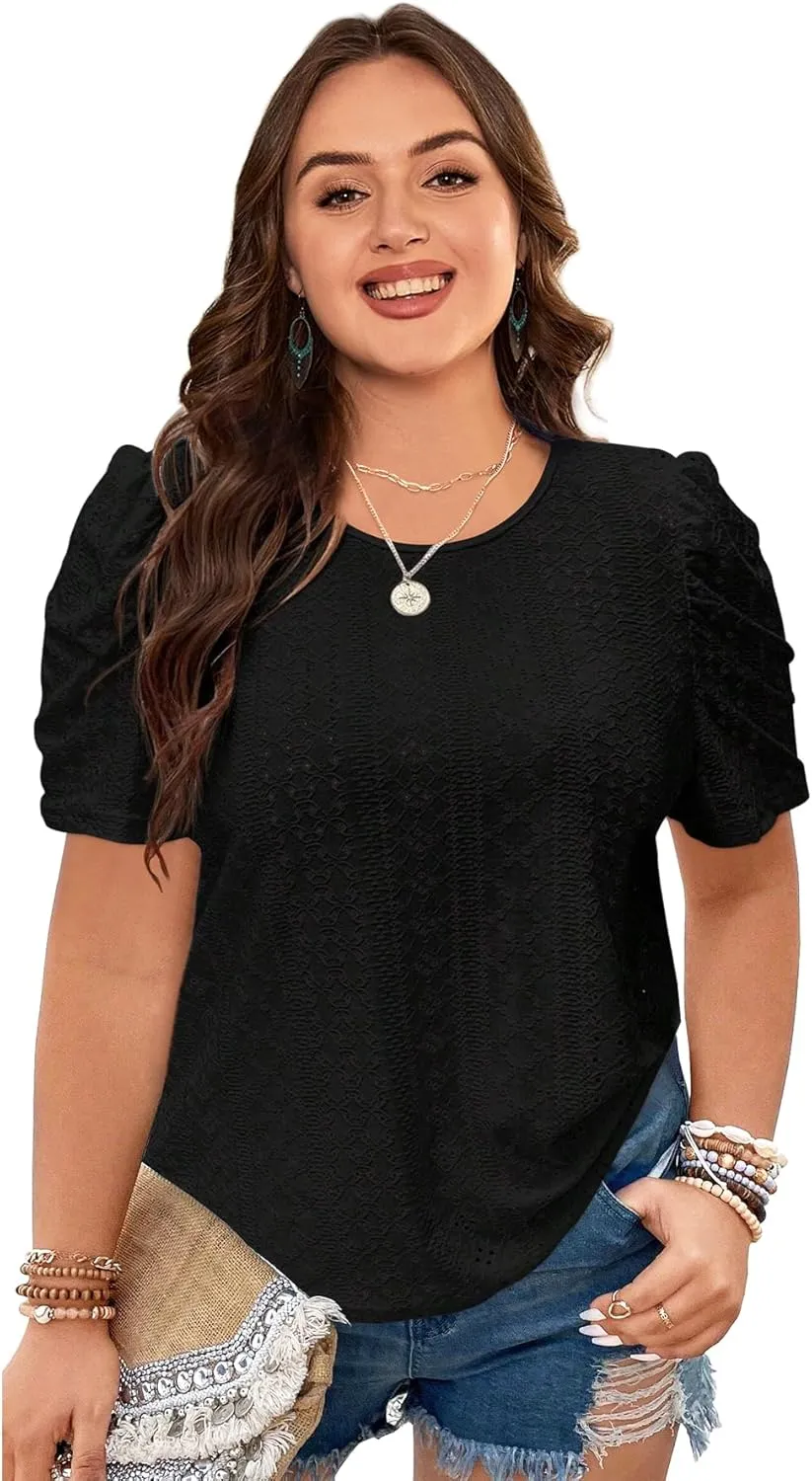 2025 Womens Plus Size Tops Eyelet Embroidery Puff Sleeve Tee Crew Neck Shirts Casual Soft Blouse Loose Fit Tees