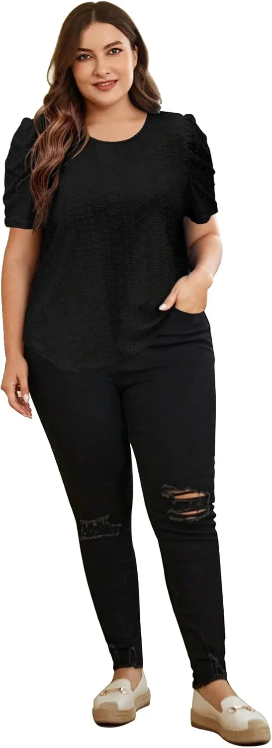 2025 Womens Plus Size Tops Eyelet Embroidery Puff Sleeve Tee Crew Neck Shirts Casual Soft Blouse Loose Fit Tees