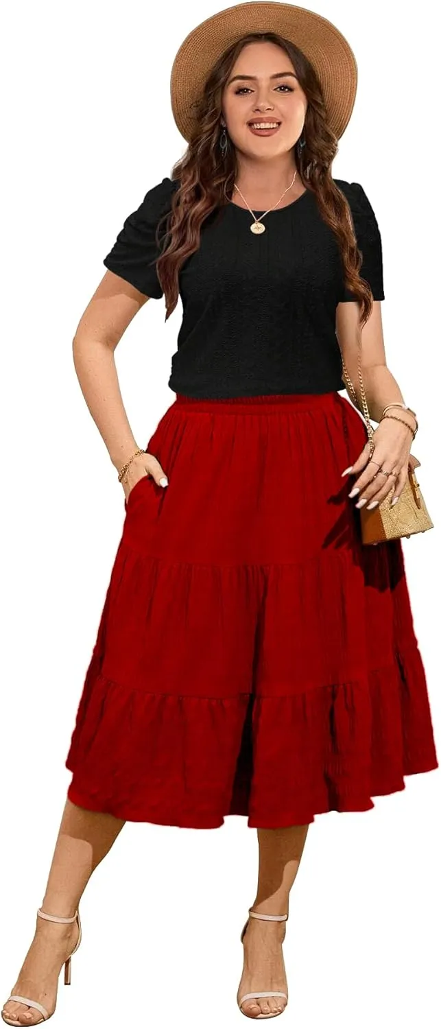 2025 Womens Plus Size Tops Eyelet Embroidery Puff Sleeve Tee Crew Neck Shirts Casual Soft Blouse Loose Fit Tees