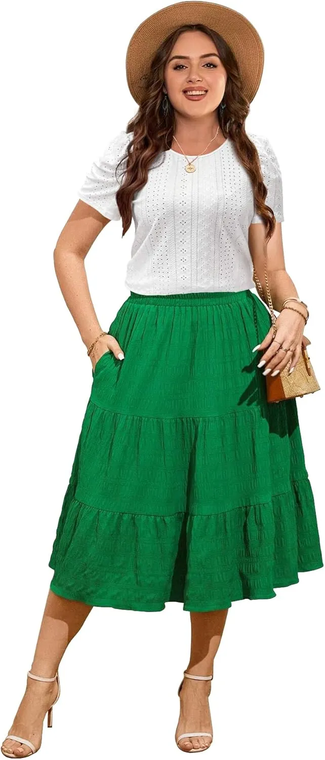 2025 Womens Plus Size Tops Eyelet Embroidery Puff Sleeve Tee Crew Neck Shirts Casual Soft Blouse Loose Fit Tees