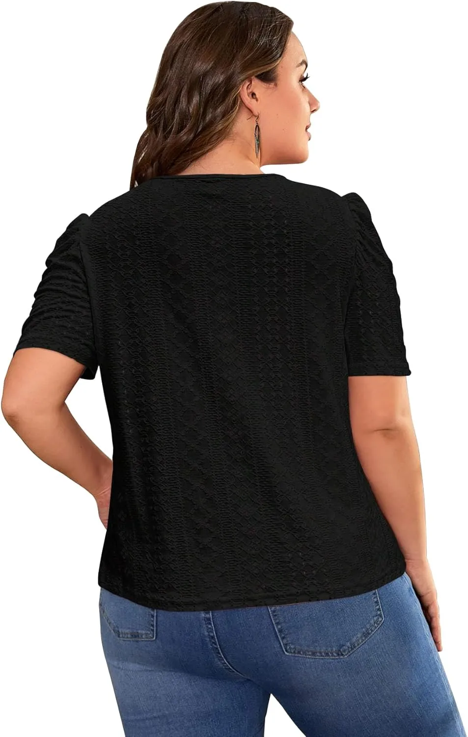 2025 Womens Plus Size Tops Eyelet Embroidery Puff Sleeve Tee Crew Neck Shirts Casual Soft Blouse Loose Fit Tees