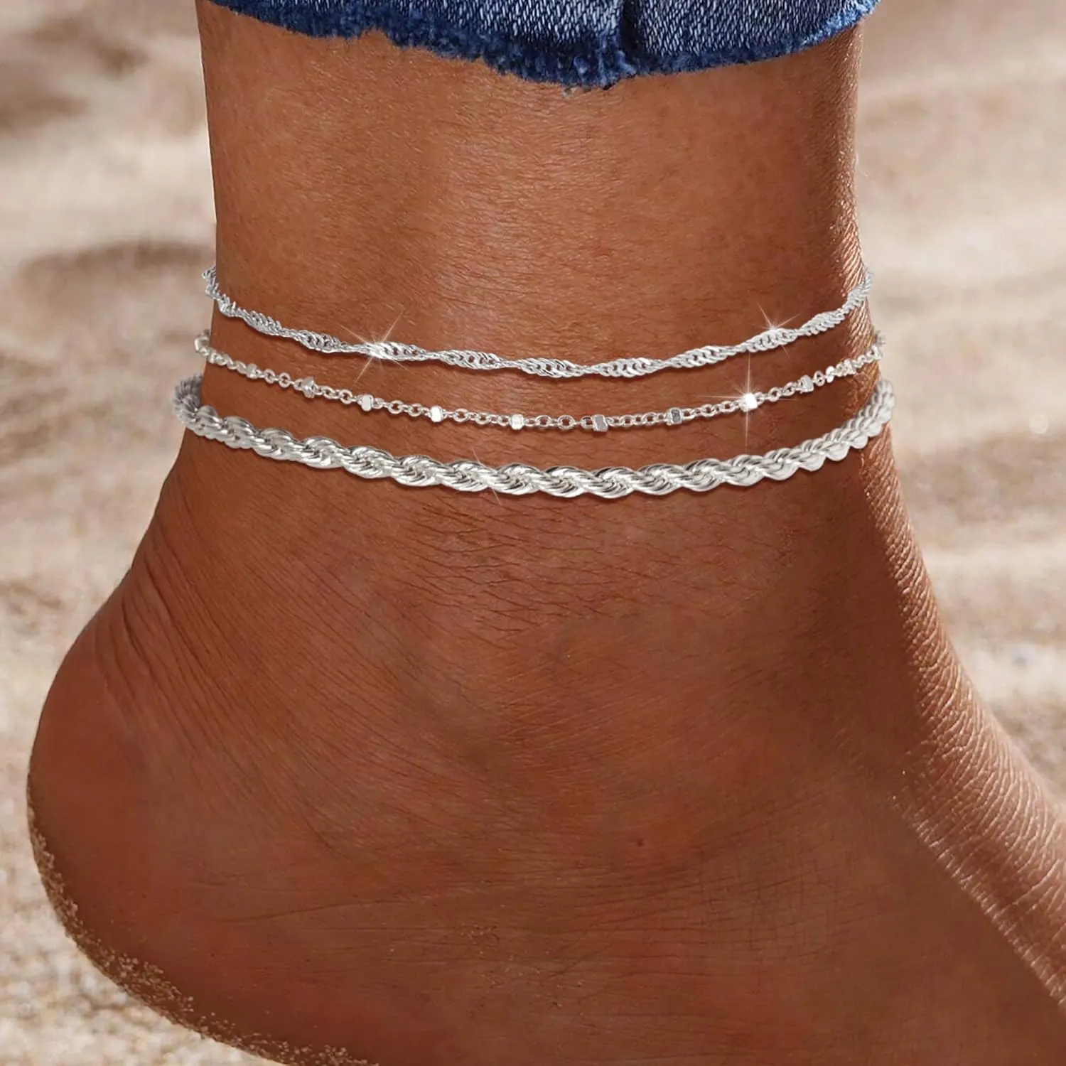 2/3Pcs Ankle Bracelets for Women - Silver Anklet Set Dainty Layered Herringbone, Rope, and Figaro Paperclip Chain Beach Foot Jewelry Gift (Silver Plated)