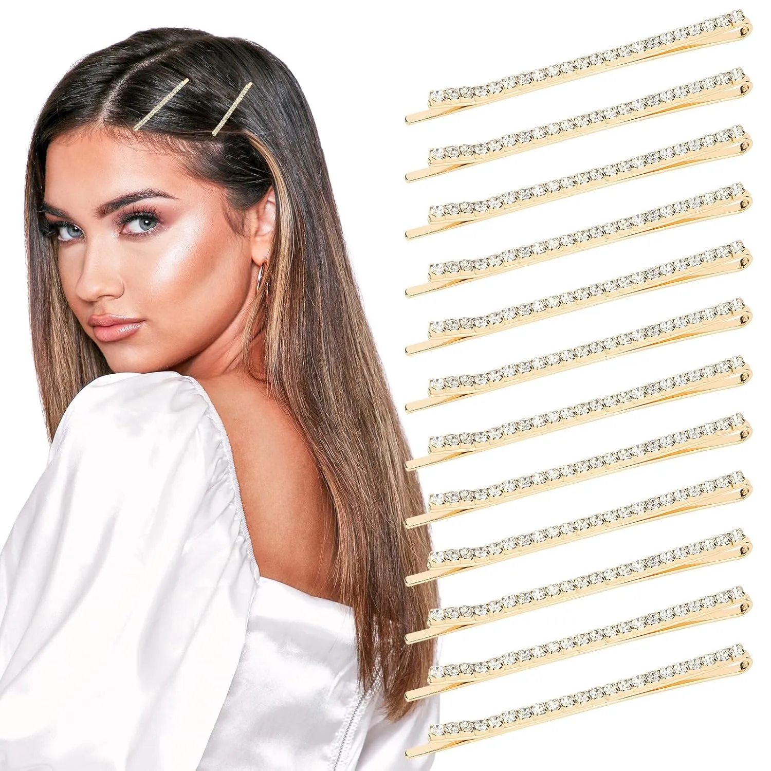 24 Pcs Gold Rhinestone Bobby Pins Small Crystal Hairpins Bulk for Women - Sparkly, Shiny, Glitter Hair Clips and Styling Accessories