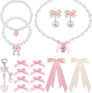 26pcs Coquette Pink Jewelry Set for Women Pearl Choker Necklace Layered Bracelet Kawaii Bows Earrings Pink Hair Bow Y2k Keychains Coquette Accessories Gift for Birthday Wedding Party