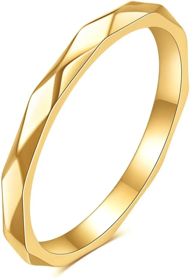 2MM 925 Silver Plated Multi-Faceted Ring Wedding Band for Women Men,18k Gold Plated Titanium Steel Anxiety Rings Multi-Faceted Engagement Band Comfort Fit Size 5-9(Gold 6#)