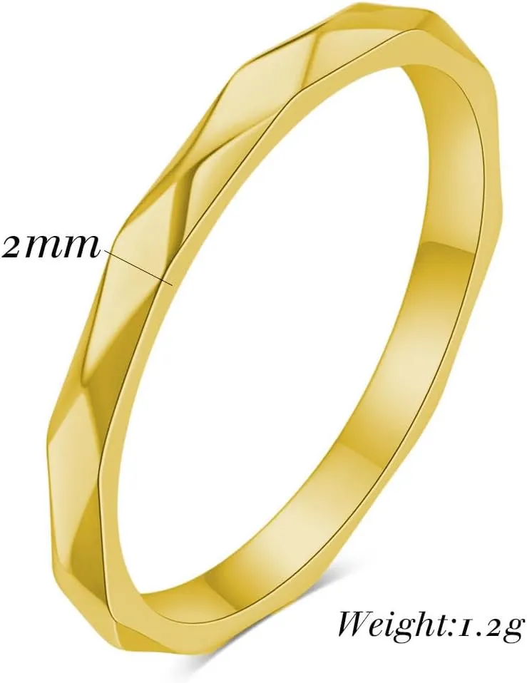2MM 925 Silver Plated Multi-Faceted Ring Wedding Band for Women Men,18k Gold Plated Titanium Steel Anxiety Rings Multi-Faceted Engagement Band Comfort Fit Size 5-9(Gold 6#)