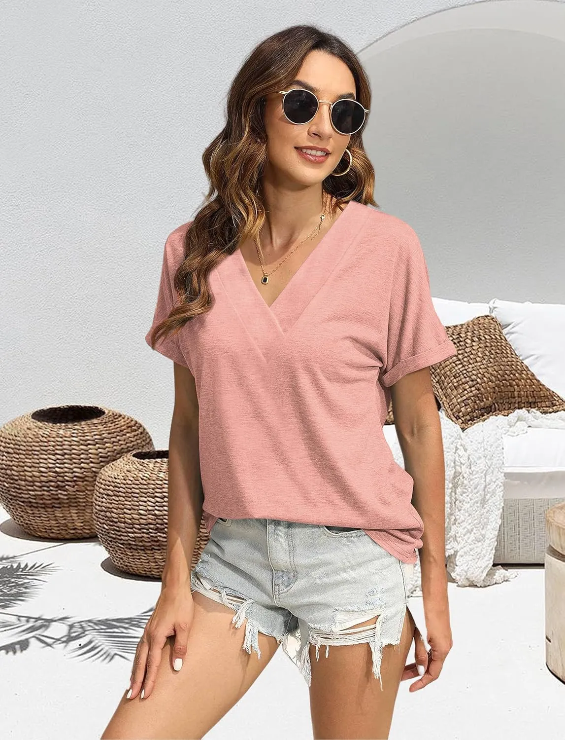 2PCS T Shirts Short Sleeve V Neck Tees Womens Fashion Tops Trendy Soft 2025 Casual Summer Spring Outfits Clothes