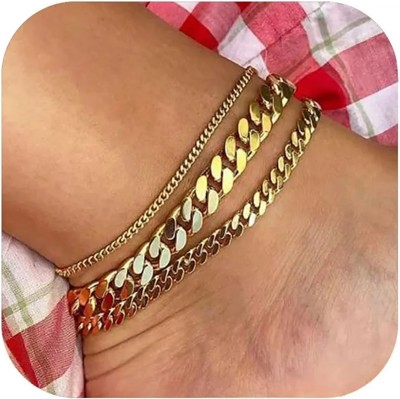 3 PCS Gold Ankle Bracelets for Women 14k Gold Stainless Steel Anklets for Women Waterproof Cuban Link Anklets Layered Plus Size Ankle Bracelet Gold Jewelry Set Gift