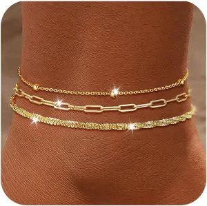 3 PCS Gold Layered Anklets for Women Dainty Gold Beaded Paperclip Chain Anklets Waterproof Non Tarnish Ankle Bracelet Set Summer Beach Foot Chain Jewelry Gifts for Her