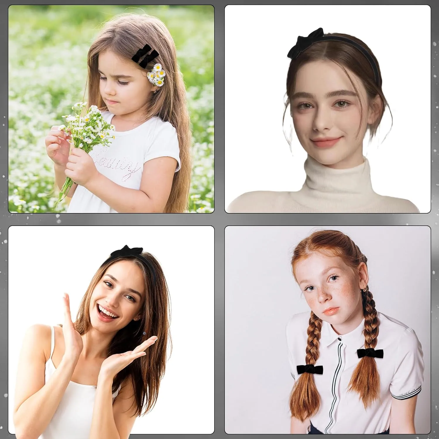 3 Pcs Velvet Bow Headband Hair Clips Set for Girls, Cute Black Bow Headband Mini Head Band Small Bowknot Hairpins Set Aesthetic Hair Styling Clip Elegant Accessories for Women(Black)