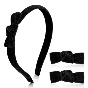 3 Pcs Velvet Bow Headband Hair Clips Set for Girls, Cute Black Bow Headband Mini Head Band Small Bowknot Hairpins Set Aesthetic Hair Styling Clip Elegant Accessories for Women(Black)