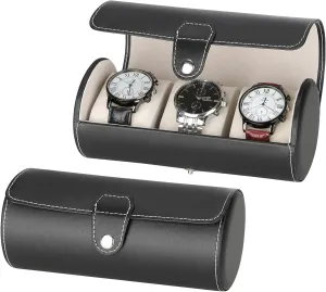 3-Slot Travel Case Roll Organizer for Men, Vegan PU Leather Display Storage Holder for Watch Collection (Black)