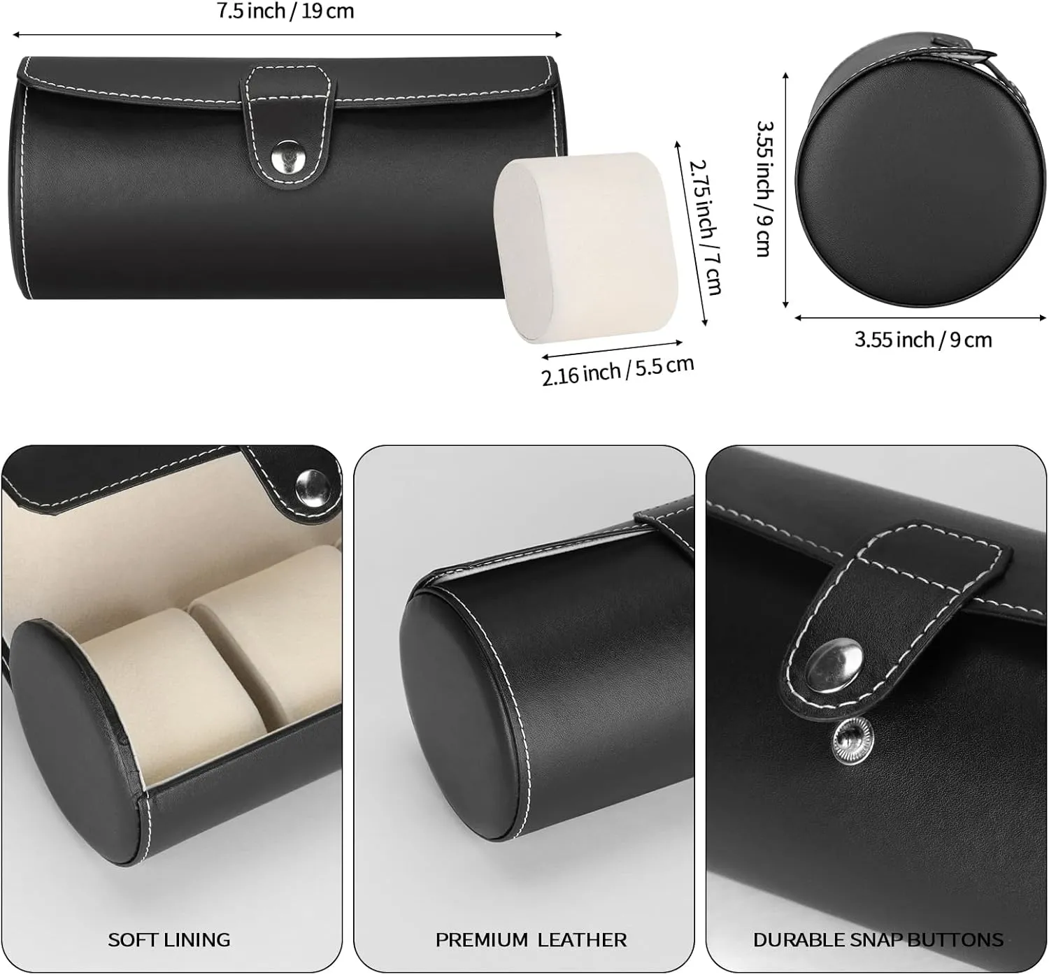 3-Slot Travel Case Roll Organizer for Men, Vegan PU Leather Display Storage Holder for Watch Collection (Black)