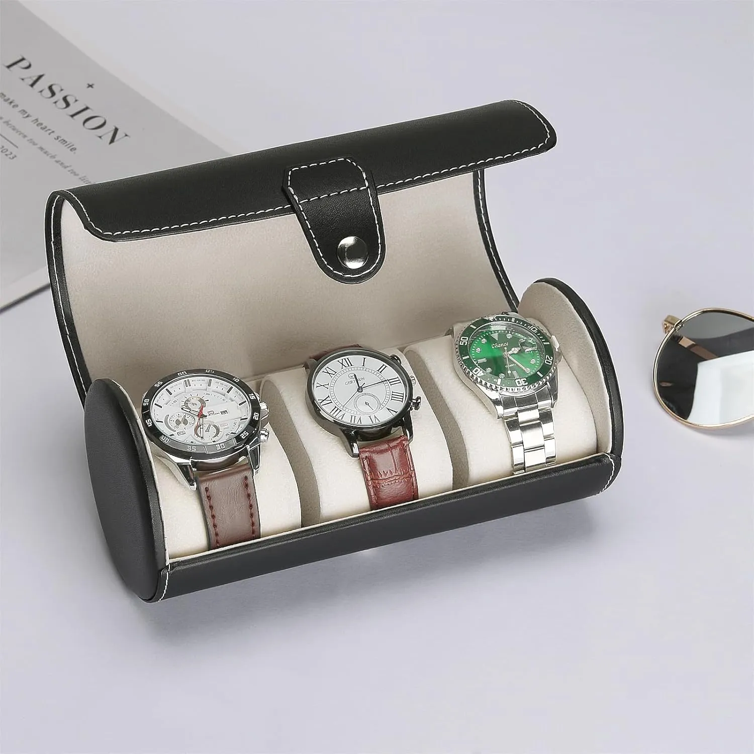 3-Slot Travel Case Roll Organizer for Men, Vegan PU Leather Display Storage Holder for Watch Collection (Black)