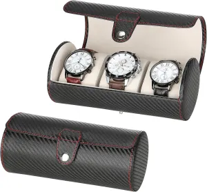 3-Slot Travel Watch Case Roll Organizer for Men, Vegan PU Leather Watch Display Storage Holder Case for Watch Collection (Black - Woven Pattern)