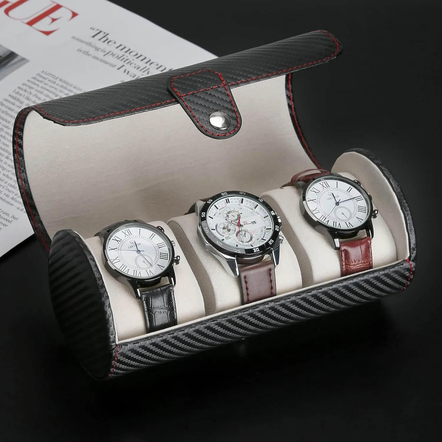 3-Slot Travel Watch Case Roll Organizer for Men, Vegan PU Leather Watch Display Storage Holder Case for Watch Collection (Black - Woven Pattern)