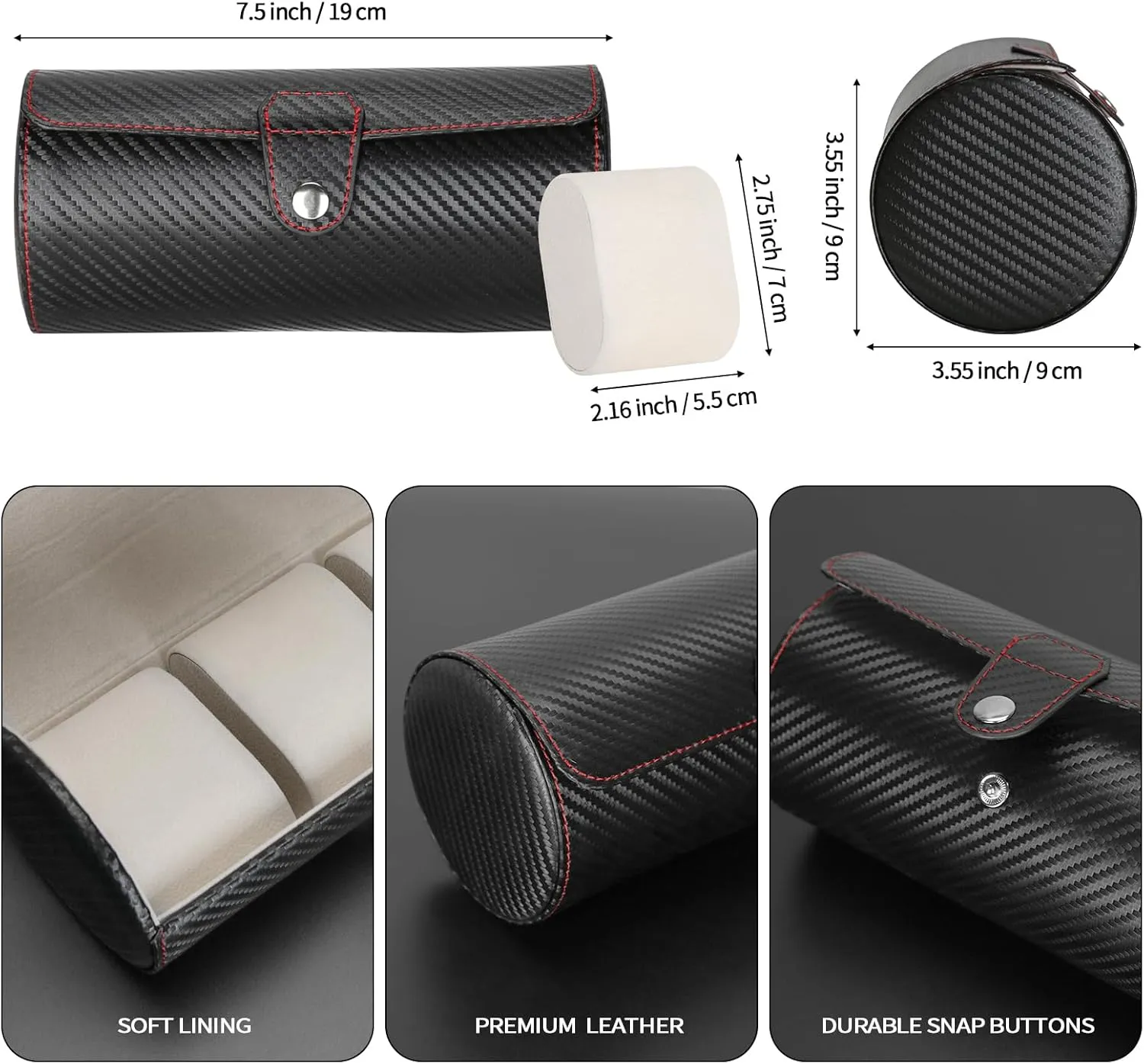 3-Slot Travel Watch Case Roll Organizer for Men, Vegan PU Leather Watch Display Storage Holder Case for Watch Collection (Black - Woven Pattern)