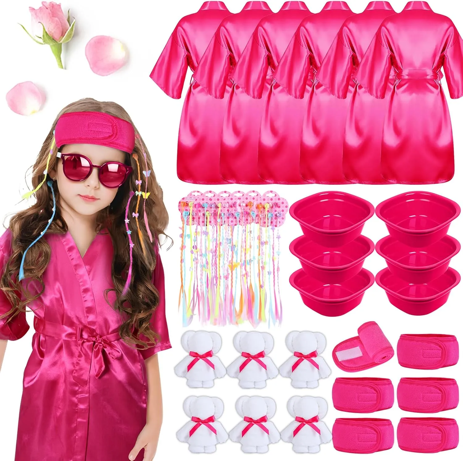 30 Pcs Kids Spa Party Supplies for Girls: Kids Satin Robes Salon Stuff Kit - 6 Robes 6 Basins 6 Makeup Headband 6 Towels 6 Hair Clip Braid - Foot Spa Sleepovers Slumber Birthday Favor (Rose Red)