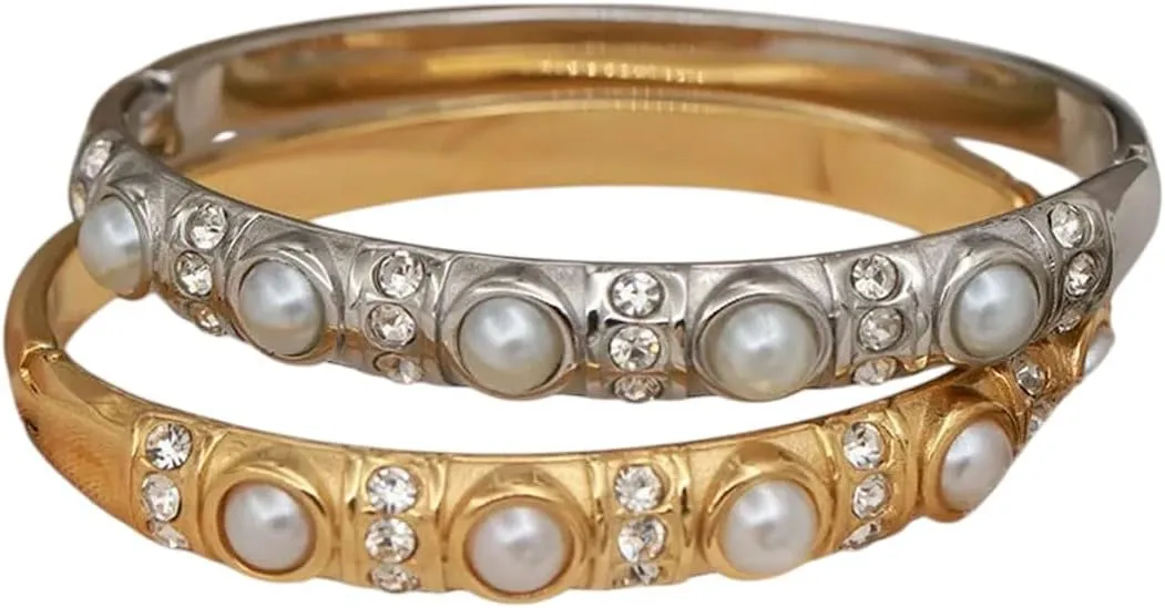 316L Classic Stainless Steel Metal Pearl Beads Bangles For Women Geometric Bangles Rust-Proof Bangle