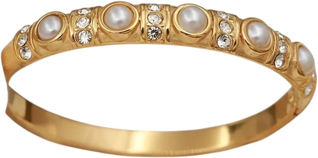 316L Classic Stainless Steel Metal Pearl Beads Bangles For Women Geometric Bangles Rust-Proof Bangle