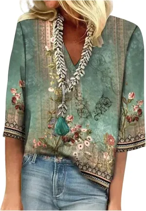 3/4 Sleeve Tee V Neck Hollow Out Women Lace Tops Half Sleeve Cropped T Shirts for Women Gradient Graphic Blouse &