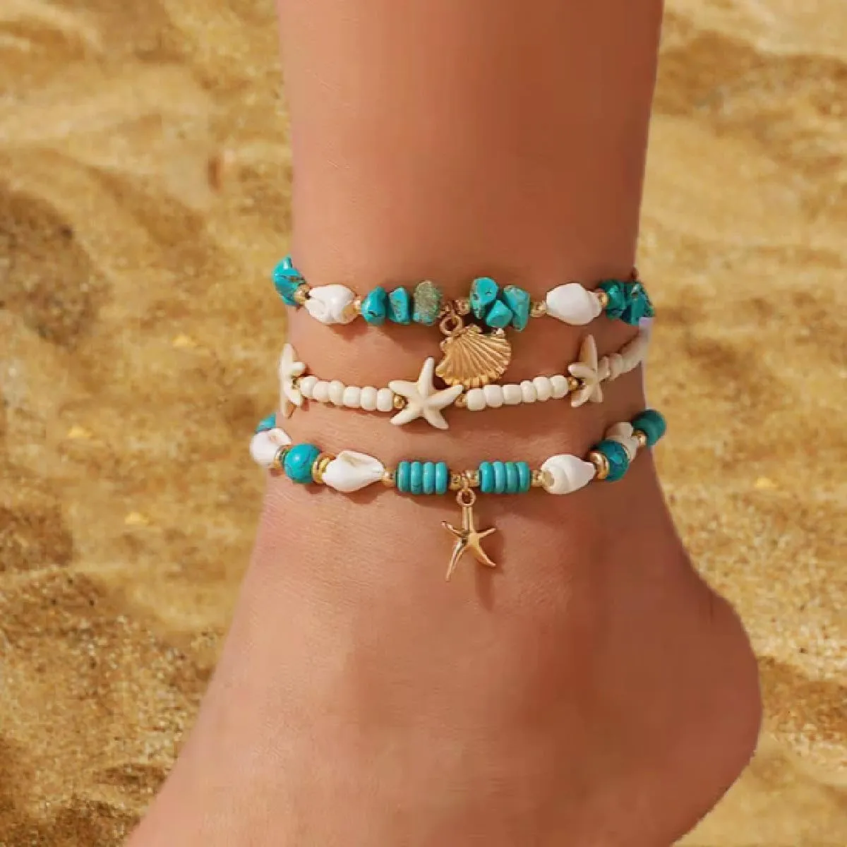 3Pcs Summer Beach Seashell Anklets for Women Starfish Shell Turquoise Beads Ankle Bracelets Adjustable Seashell Ocean Jewelry Gifts