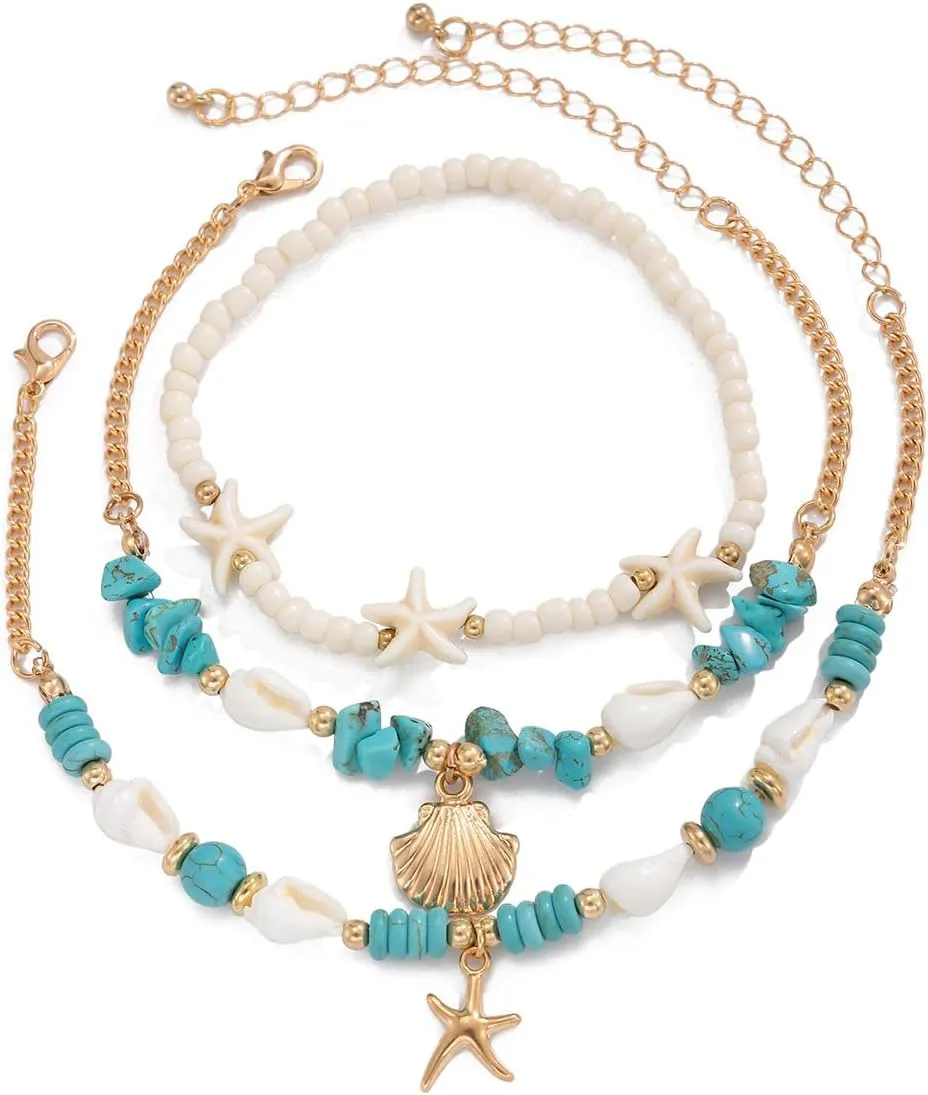3Pcs Summer Beach Seashell Anklets for Women Starfish Shell Turquoise Beads Ankle Bracelets Adjustable Seashell Ocean Jewelry Gifts