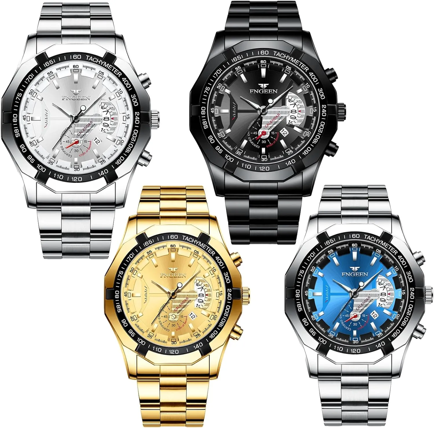 4 Pack Men's Stainless Steel Watches Waterproof Date Luminous Big Face Gold Silver Black Blue Business Dress Sports Luxury Casual Analog Quartz Wrist Watches Set Assorts Wholesales