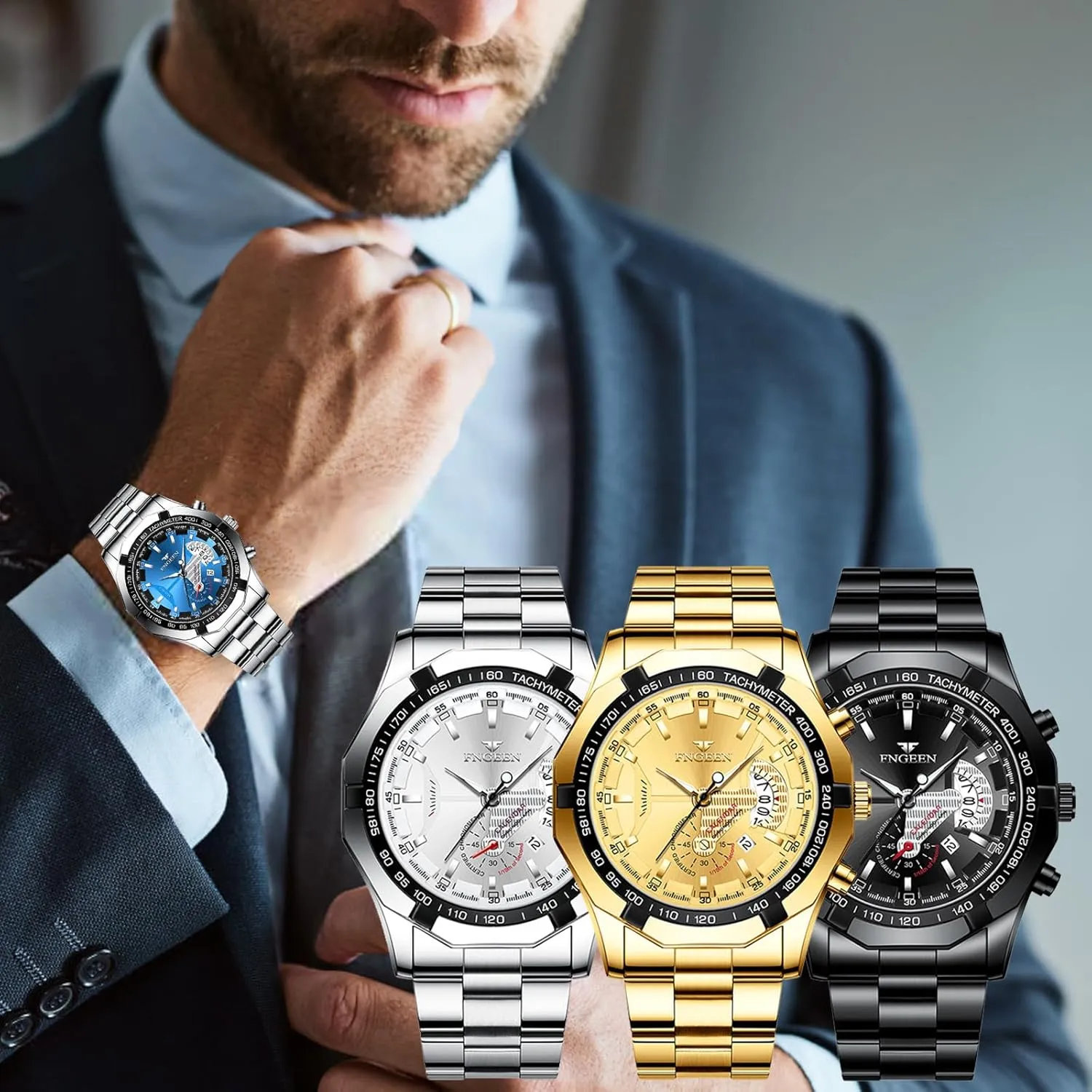 4 Pack Men's Stainless Steel Watches Waterproof Date Luminous Big Face Gold Silver Black Blue Business Dress Sports Luxury Casual Analog Quartz Wrist Watches Set Assorts Wholesales