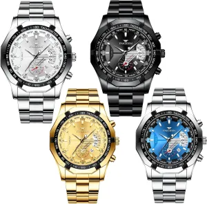 4 Pack Men's Stainless Steel Watches Waterproof Date Luminous Big Face Gold Silver Black Blue Business Dress Sports Luxury Casual Analog Quartz Wrist Watches Set Assorts Wholesales
