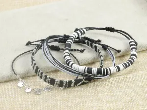 4pc Surfer Anklets for Men Waterproof String Rope Anklets Boho Clay Adjustable Beads Ankle Bracelets Cute Cloth Stainless Steel Anklet Set Beach Summer Jewelry for Women (4pcs boho anklets black)
