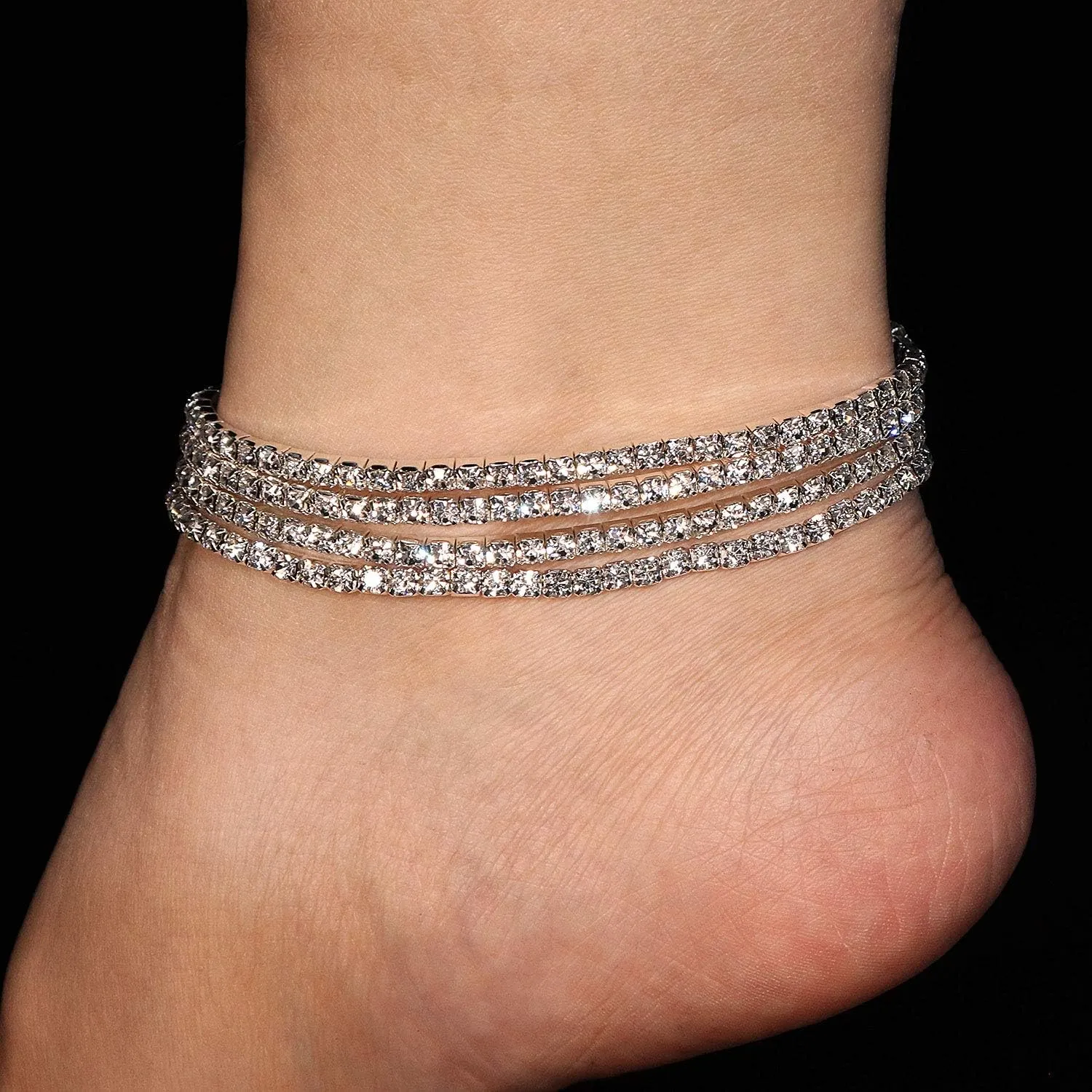 4Pcs Crystal Ankle for Women Cubic Zirconia Tennis Stretch Anklets Diamond Elastic Foot Chain