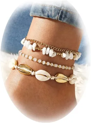 4pcs Shell Bracelet Anklets For Women Boho Layered Shell Anklet Set Beaded Foot Chain Anklet Bracelets Adjustable Handmade Seashell Gravel Pendant Foot Chains Beach Bracelet Anklets Jewelry Gift (Shell Set)