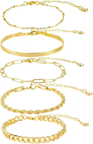 5pcs Gold Ankle Bracelets, Anklets for Women Titanium Steel Gold Plated Women's Chain Link Anklets Adjustable Stackable Bracelets Trendy Foot Jewelry Gifts for Women Girls Beach