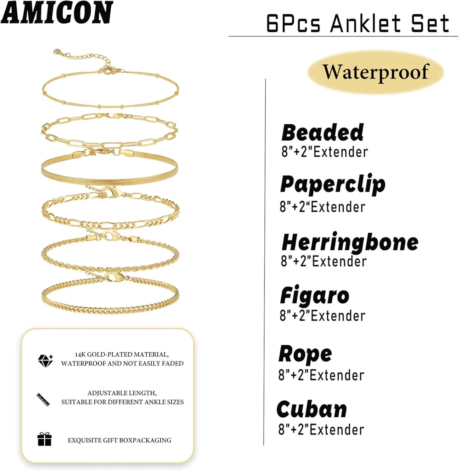 6 PCS Gold Ankle Bracelets for Women, 14k Plated Gold Layered Anklet Set Waterproof Herringbone Paperclip Beaded Figaro Cuban Link Chain Beach Stackable Anklet Bracelet Jewelry Gift for Women