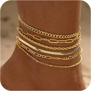 6 PCS Gold Ankle Bracelets for Women, 14k Plated Gold Layered Anklet Set Waterproof Herringbone Paperclip Beaded Figaro Cuban Link Chain Beach Stackable Anklet Bracelet Jewelry Gift for Women