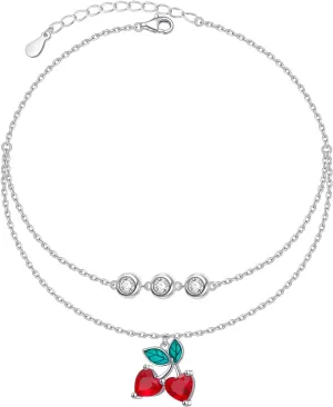 925 Sterling Silver Cherry Anklet Summer Beach Bracelet Anklet Cute Fruit Jewelry For Women Girlfriend