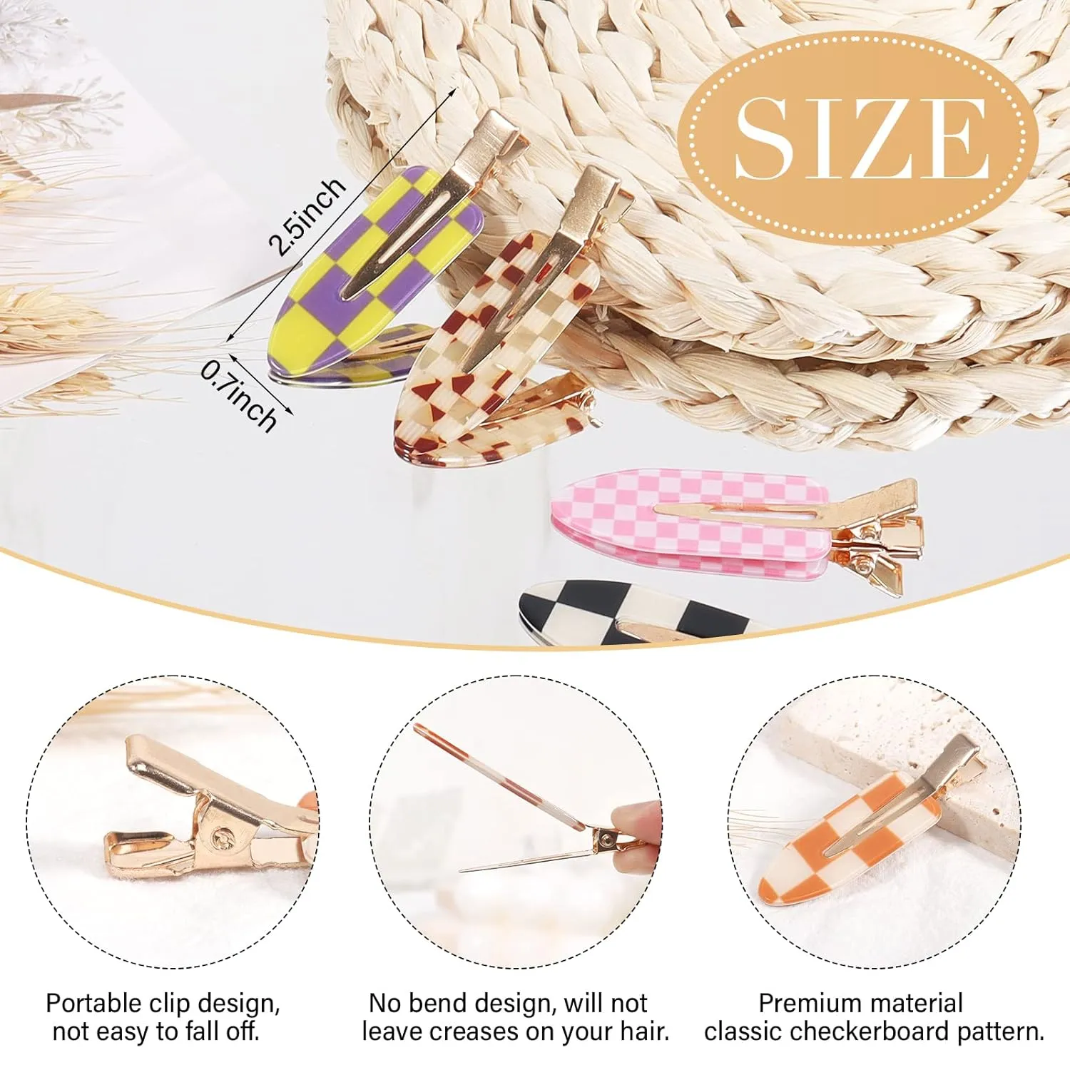 9PCS No Bend Hair Clips, Checkerboard No Crease Curl Pins, Acrylic Resin Flat Styling, Colorful Bang Seamless Duckbill Barrette for Makeup Hairstyle Accessories for Women Girls