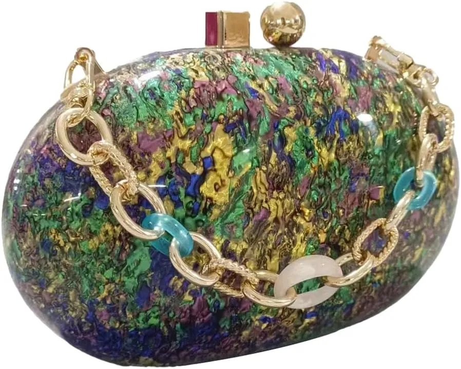 Acrylic Evening Bag for Women Egg Shape Handbag Multicolored Marble Clutch Purse for Wedding Party Chain Shoulder Bag
