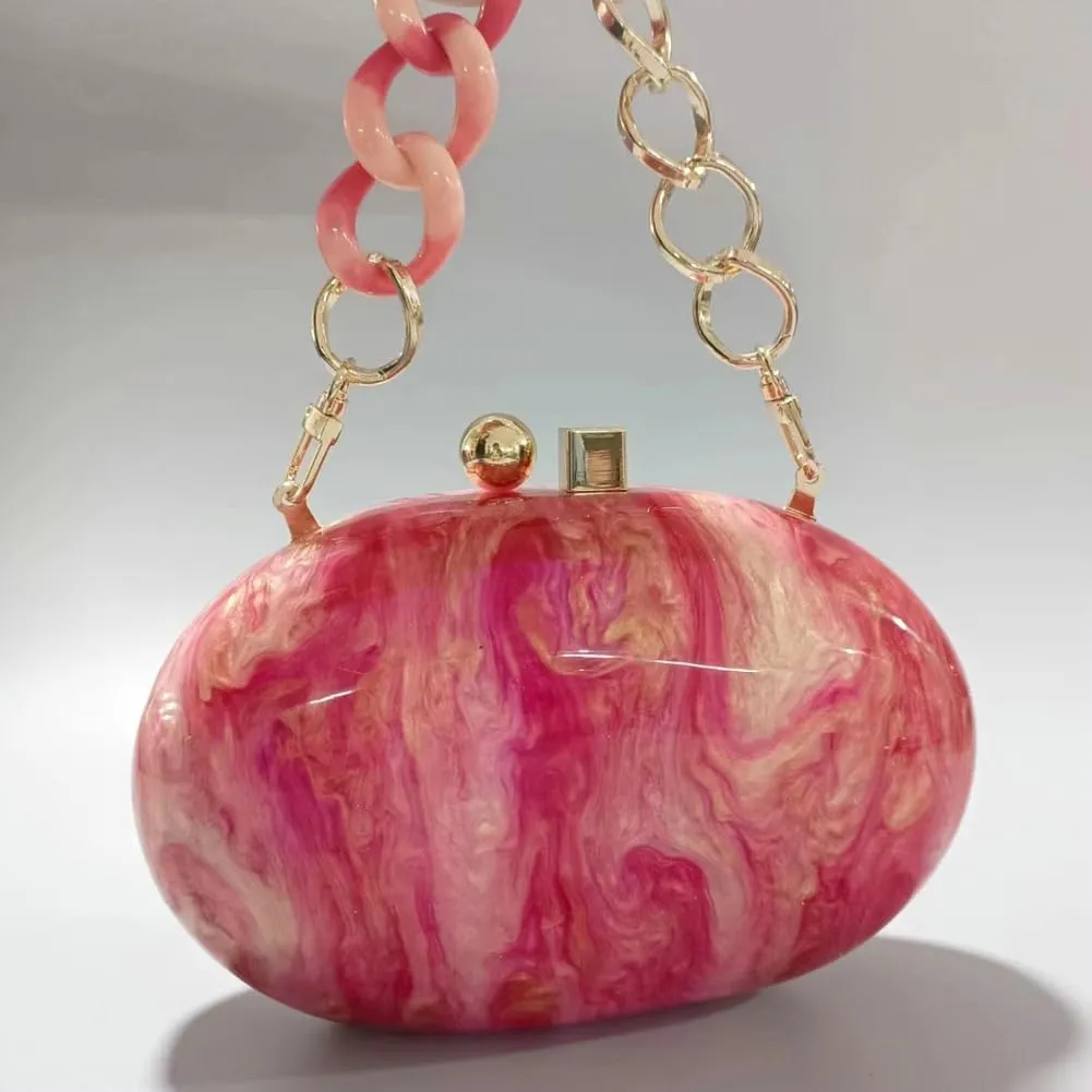 Acrylic Evening Bag for Women Egg Shape Handbag Multicolored Marble Clutch Purse for Wedding Party Chain Shoulder Bag